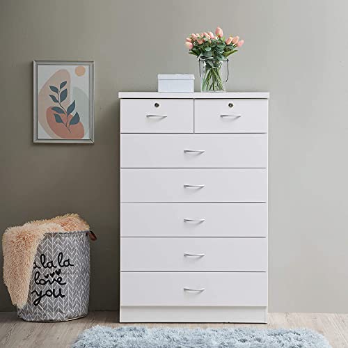 HODEDAH 7 Drawer Wood Dresser for Bedroom, 31.5 inch Wide Chest of Drawers, with 2 Locks on the Top Drawers, Storage Organization Unit for Clothing, White