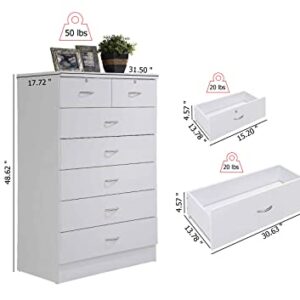 HODEDAH 7 Drawer Wood Dresser for Bedroom, 31.5 inch Wide Chest of Drawers, with 2 Locks on the Top Drawers, Storage Organization Unit for Clothing, White