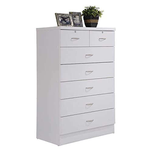 HODEDAH 7 Drawer Wood Dresser for Bedroom, 31.5 inch Wide Chest of Drawers, with 2 Locks on the Top Drawers, Storage Organization Unit for Clothing, White