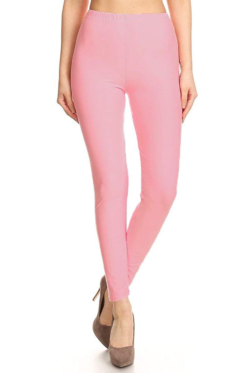 Leggings Depot Womens 1" Waistband High Waisted Solid Leggings Pants (Full Length, Pink, 1X-3X)