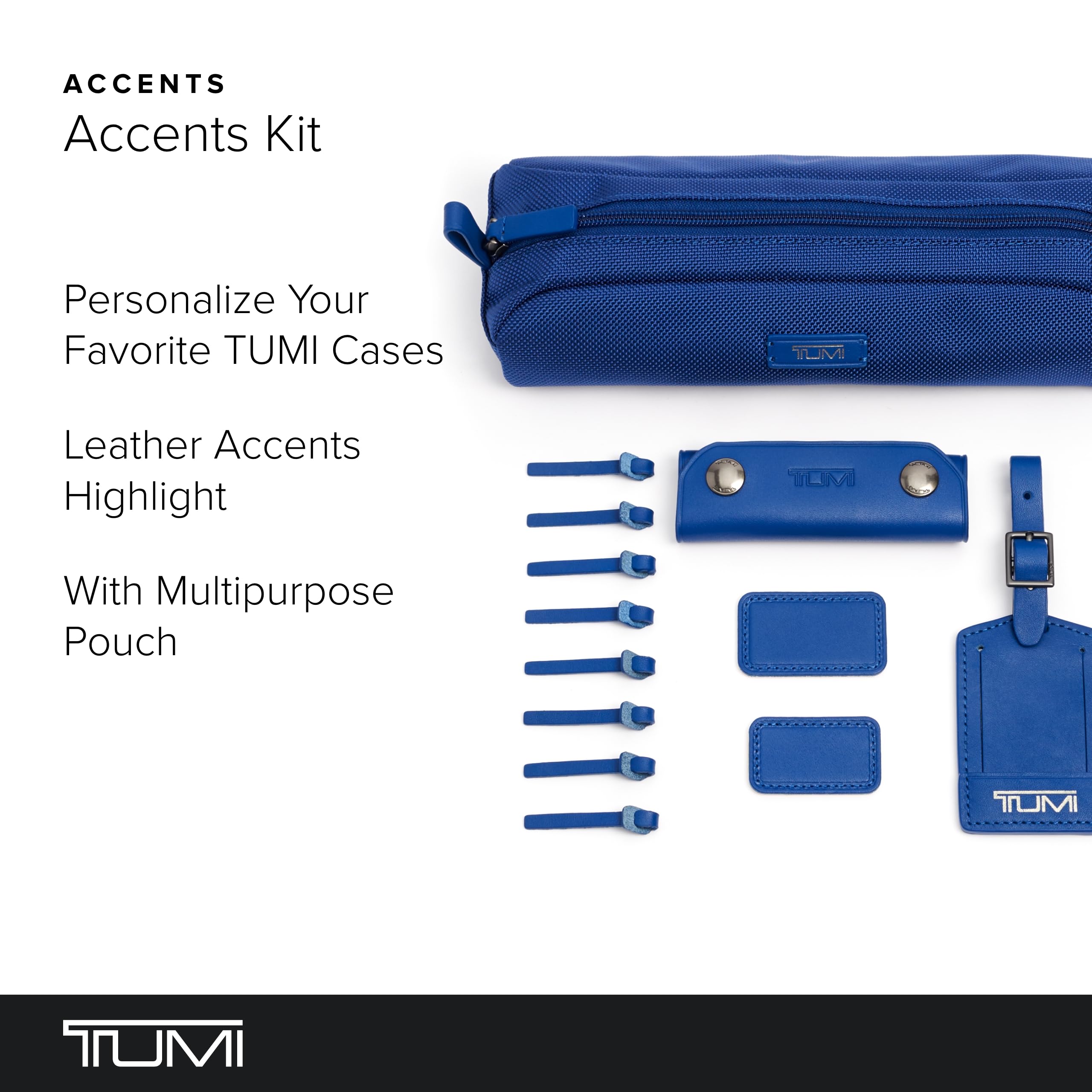 TUMI - Accents Kit - Includes 2 Leather Monogram Patches, 1 Leather Luggage Handle Wrap, 1 Luggage Tag & 8 Leather Zipper Pulls - Atlantic