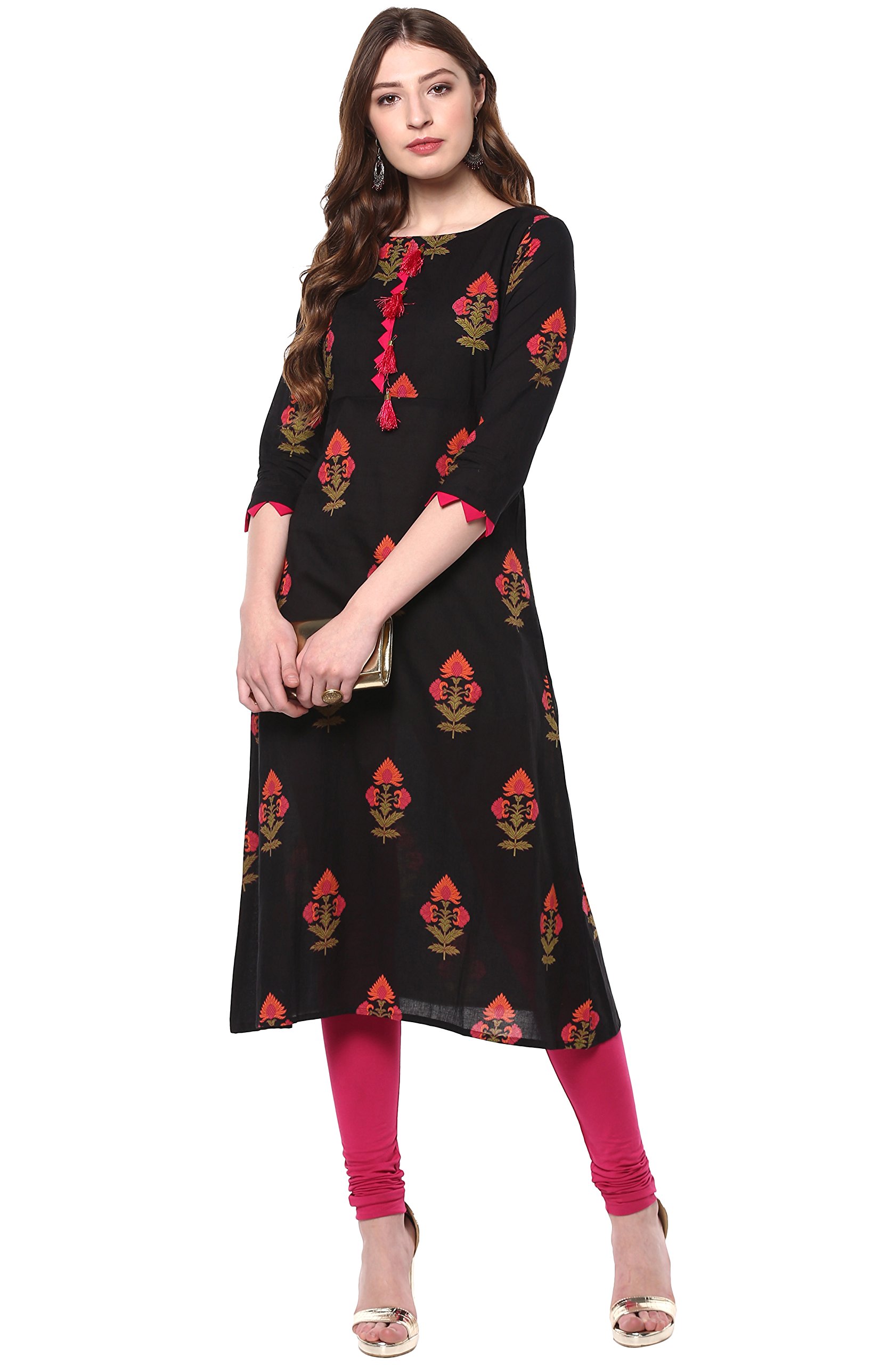 Janasya Indian Women's Tunic Tops Cotton Kurti for Women(JNE2170-KR-436-XL) Black