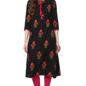 Janasya Indian Women's Tunic Tops Cotton Kurti for Women(JNE2170-KR-436-XL) Black