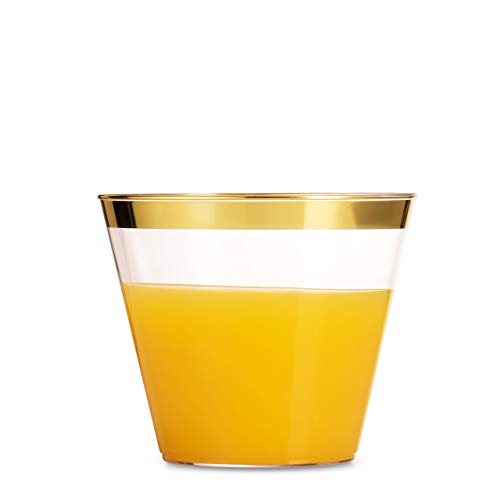 Munfix 100 Gold Plastic Cups - 9 Oz Clear Old Fashioned Tumblers - Fancy Gold Rimmed Cups - Disposable Wedding Cups - Elegant Party Cups with Gold Rim