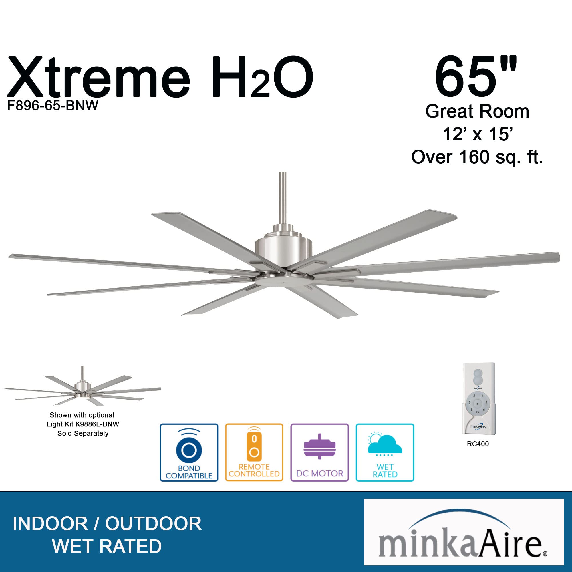 MINKA-AIRE F896-65-BNW Xtreme H2O 65 Inch Outdoor Ceiling Fan with DC Motor, Silver Brushed Nickel Wet Finish