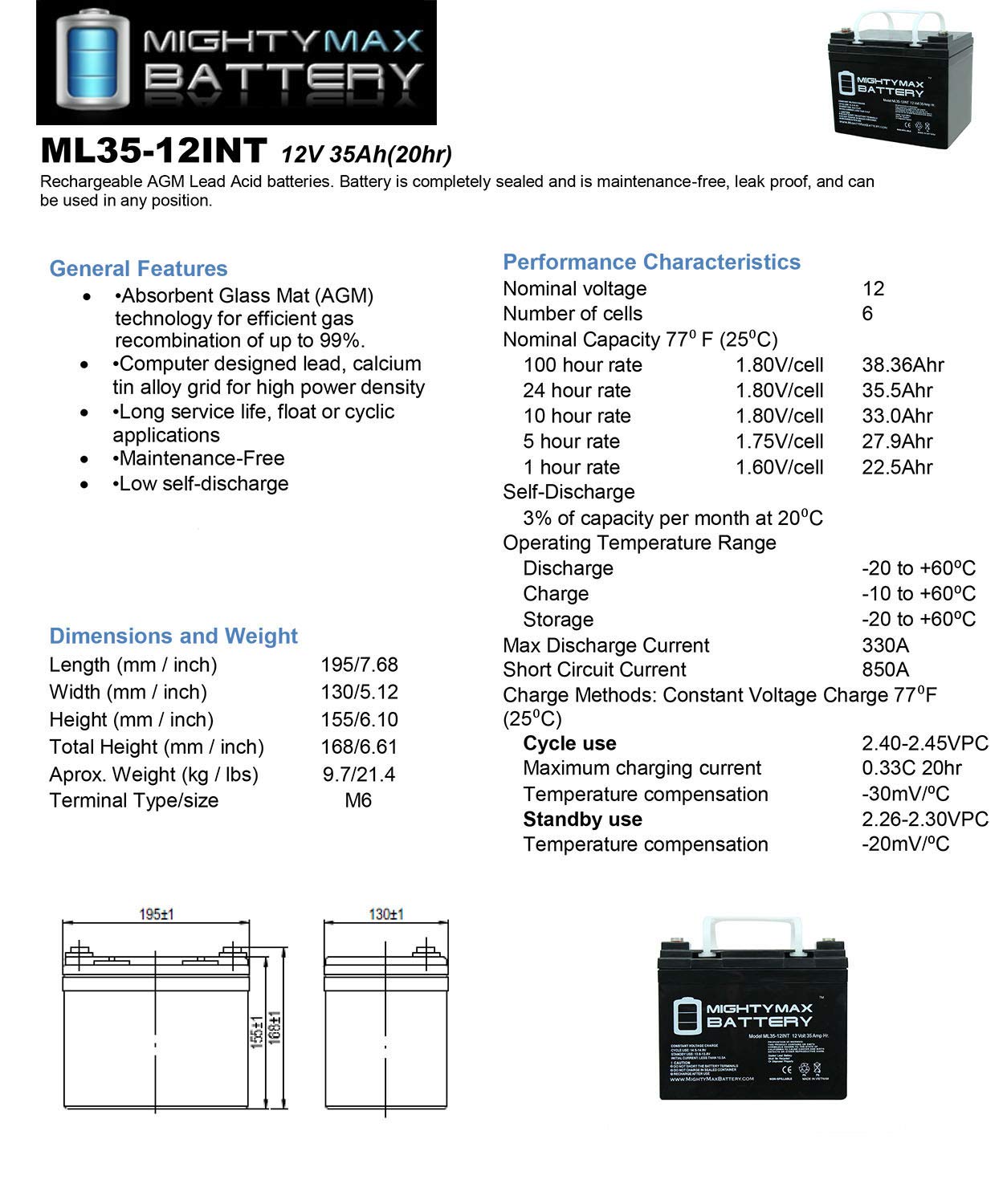 Mighty Max Battery 12V 35AH INT Battery Replaces Pride Mobility Maxima SC940-2 Pack