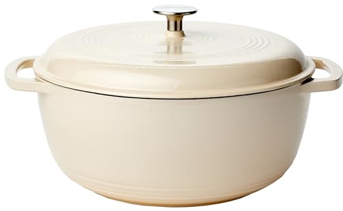 Amazon Basics Enameled Cast Iron Round Dutch Oven with Lid and Dual Handles, Heavy-Duty & Large, 7.3-Quart, White