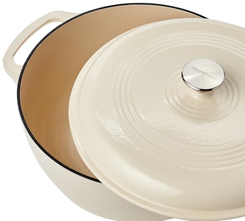 Amazon Basics Enameled Cast Iron Round Dutch Oven with Lid and Dual Handles, Heavy-Duty & Large, 7.3-Quart, White