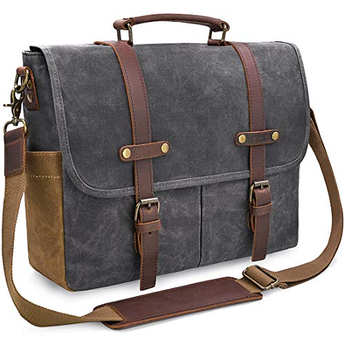 Mens Messenger Bag 15.6 Inch Waterproof Vintage Genuine Leather Waxed Canvas Briefcase Large Satchel Shoulder Bag Rugged Leather Computer Laptop Bag, Grey