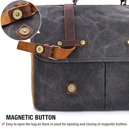 Mens Messenger Bag 15.6 Inch Waterproof Vintage Genuine Leather Waxed Canvas Briefcase Large Satchel Shoulder Bag Rugged Leather Computer Laptop Bag, Grey