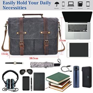 Mens Messenger Bag 15.6 Inch Waterproof Vintage Genuine Leather Waxed Canvas Briefcase Large Satchel Shoulder Bag Rugged Leather Computer Laptop Bag, Grey