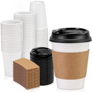 fit meal prep 50 pack 12 oz disposable coffee cups with lids, sleeves and stirrers, premium to go coffee cups with lids, durable thickened hot white paper cup for cold/hot beverage chocolate cocoa