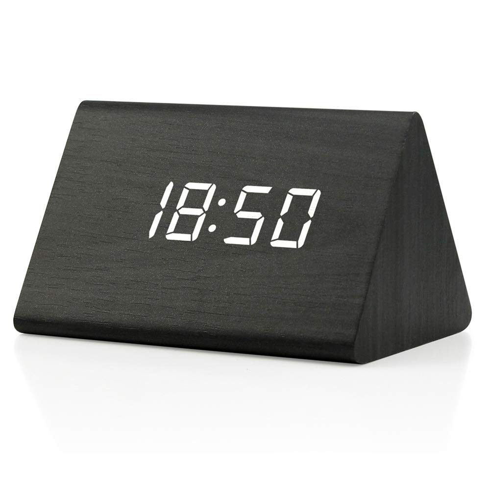 OCT17 Wooden Wood Clock, New Version LED Alarm Digital Desk Clock Adjustable Brightness, Alarm Time, Displays Time Date Temperature - Black