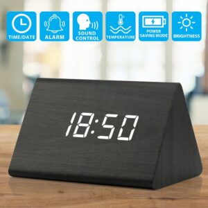 OCT17 Wooden Wood Clock, New Version LED Alarm Digital Desk Clock Adjustable Brightness, Alarm Time, Displays Time Date Temperature - Black