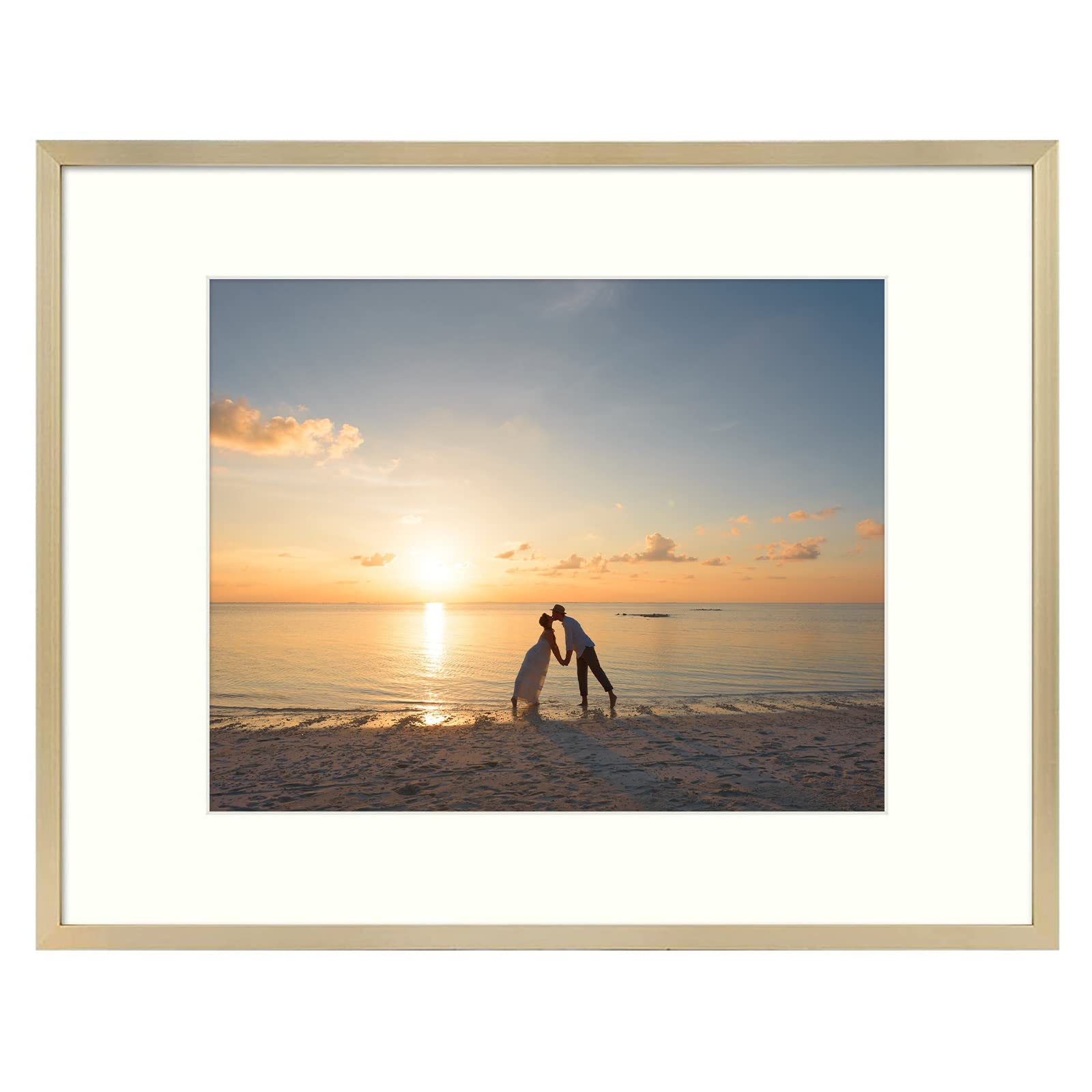 Golden State Art 11x14 Picture Frame - Gold Aluminum (Shiny Brushed) - Fit Photo 8x10 Ivory Mat 11x14 without Mat - Metal Frame Wall Mounting - Real Glass (11x14, Gold)