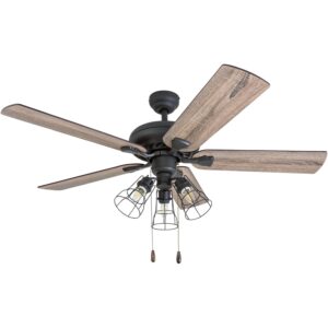 prominence home lincoln woods, 52 inch industrial style led ceiling fan with light, pull chain, three mounting options, 5 dual finish blades, reversible motor - 50581-01 (bronze)