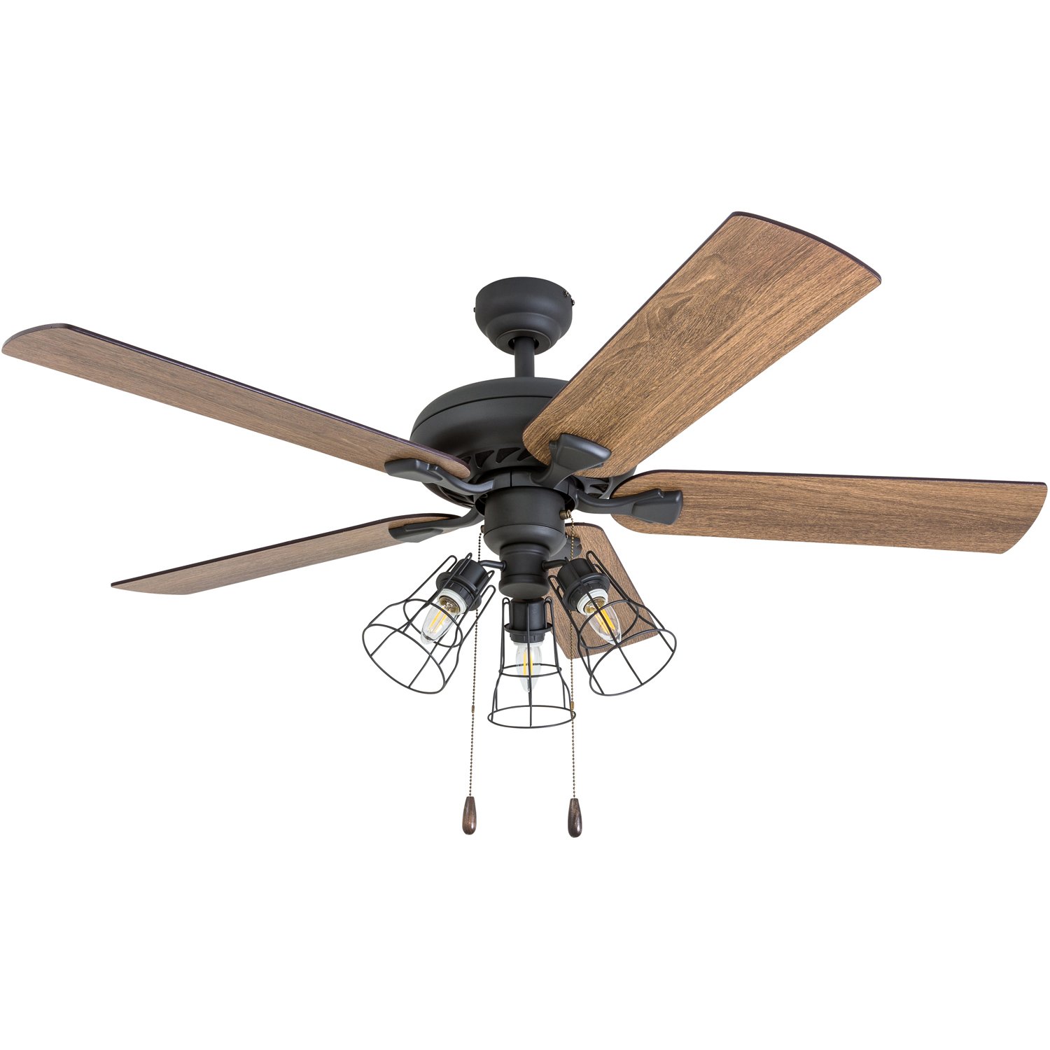 Prominence Home Lincoln Woods, 52 Inch Industrial Style LED Ceiling Fan with Light, Pull Chain, Three Mounting Options, 5 Dual Finish Blades, Reversible Motor - 50581-01 (Bronze)