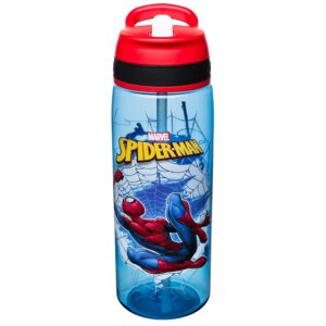 zak designs marvel spider-man plastic water bottle with built-in carrying loop and flip-up straw lid, made with durable materials (25oz, non-bpa)