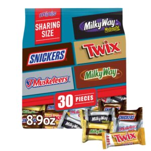 snickers, twix, milky way & 3 musketeers variety pack fun size milk & dark chocolate candy bars assortment, 30 pieces