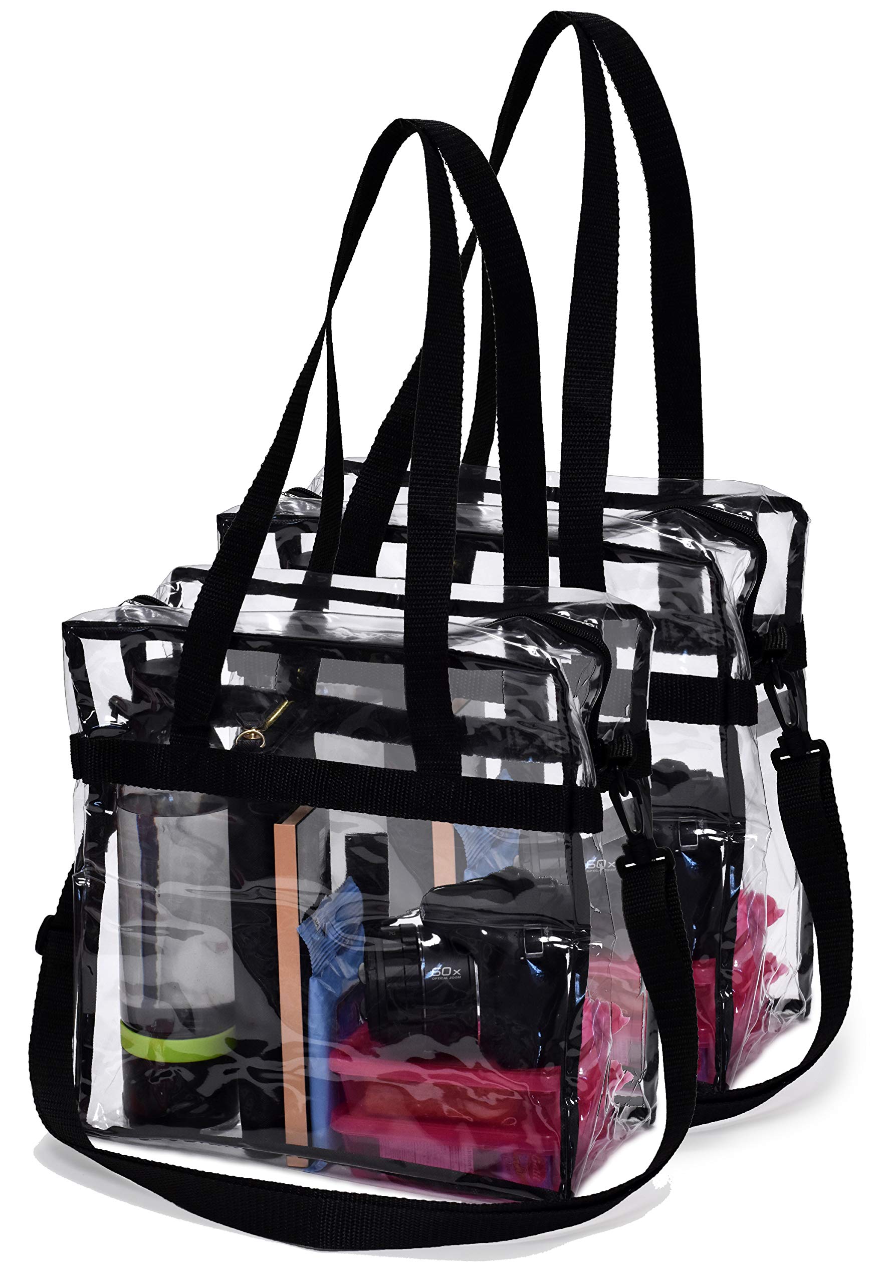 Handy Laundry Clear Tote Bag Stadium Approved - 2 PACK - Shoulder Straps and Zippered Top. Perfect Clear Bag for Work, School, Sports Games and Concerts. Meets Tournament Guidelines. (Black)