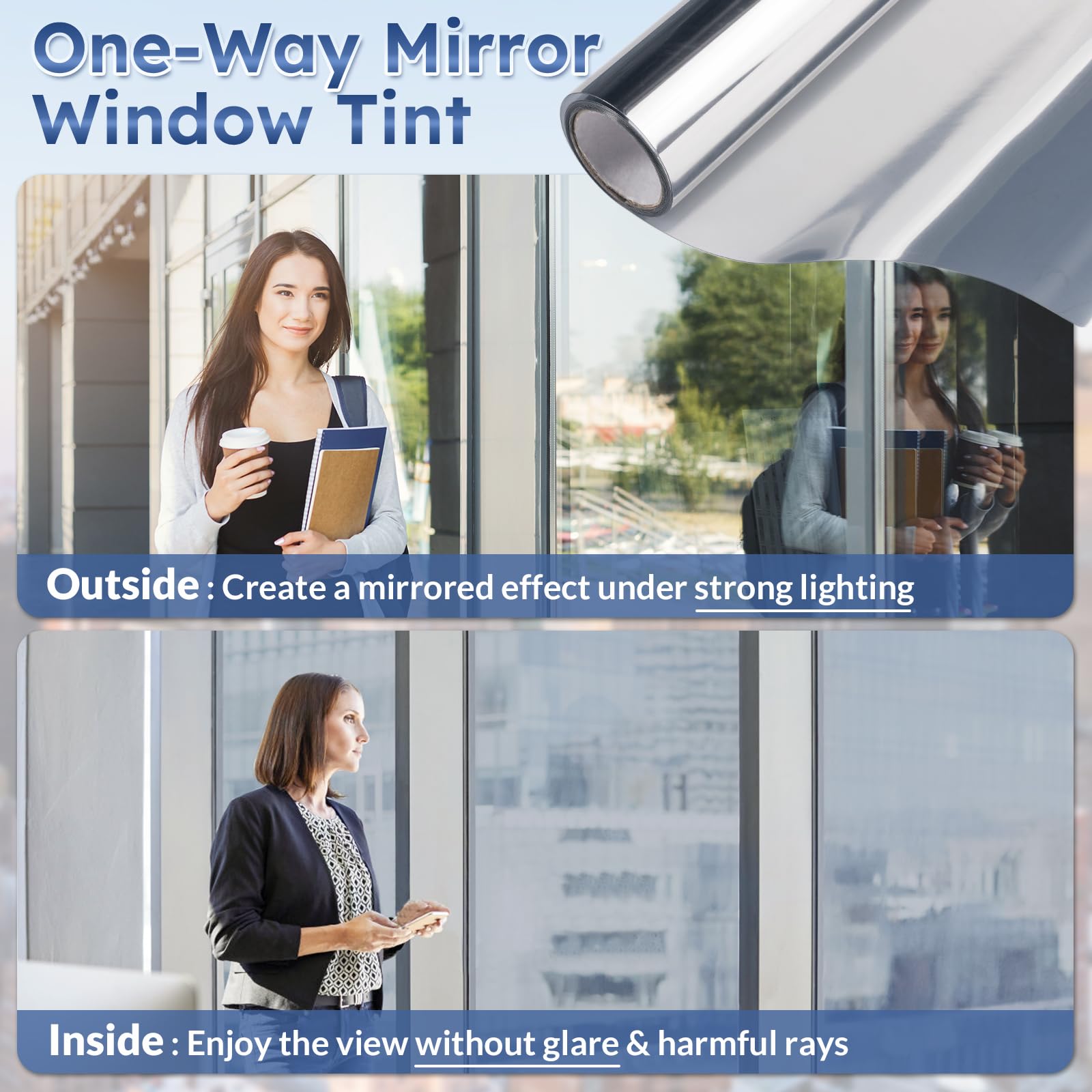 rabbitgoo One Way Window Film Daytime Privacy Mirror Window Tint for Home Office, Heat Control Sun Blocking Anti UV Reflective Tinting Film Glass Window Door Covering,17.5 in X 6.5 Feet, Silver