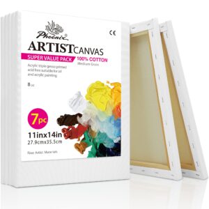 phoenix stretched canvas for painting 11x14 inch/7 value pack, 8 oz triple primed 5/8 inch profile 100% cotton white blank canvas, artist framed canvas for oil acrylic & pouring art