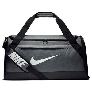 nike brasilia training duffel bag, versatile bag with padded strap and mesh exterior pocket, medium, flint grey/black/white