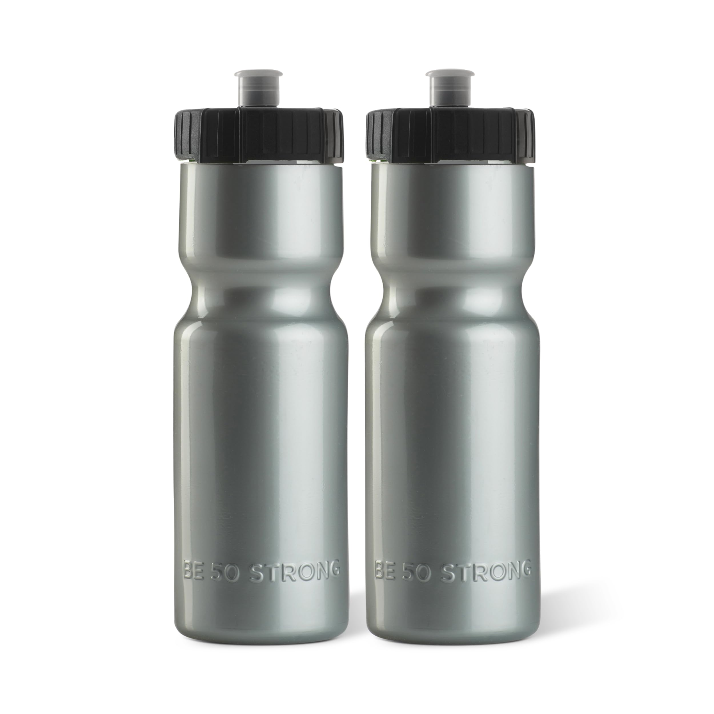 50 Strong Sports Squeeze Water Bottle 2 Pack – 22 oz. BPA Free Easy Open Push/Pull Cap – USA Made (Silver)