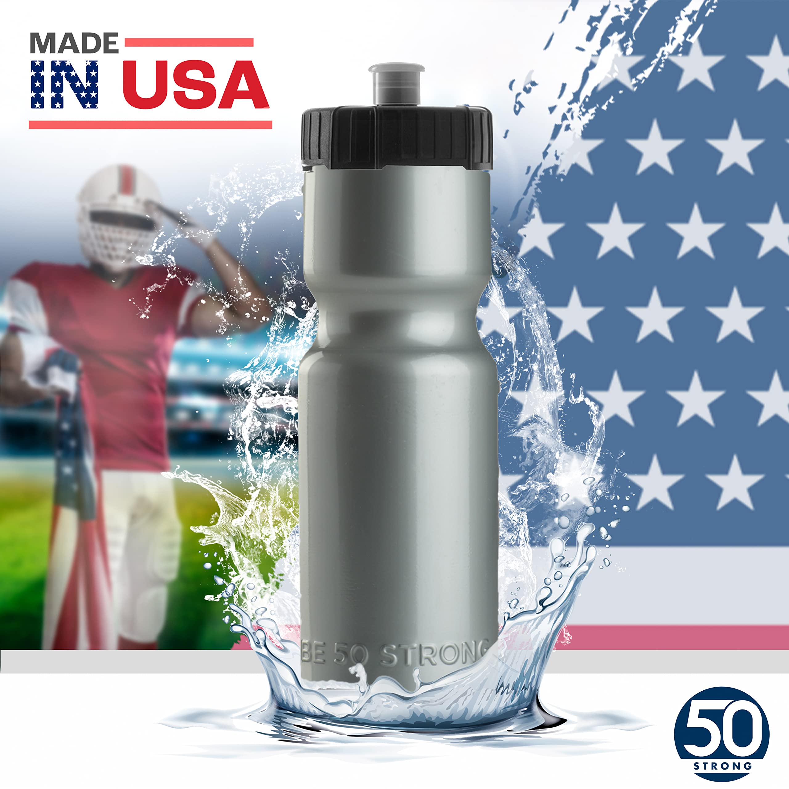 50 Strong Sports Squeeze Water Bottle 2 Pack – 22 oz. BPA Free Easy Open Push/Pull Cap – USA Made (Silver)