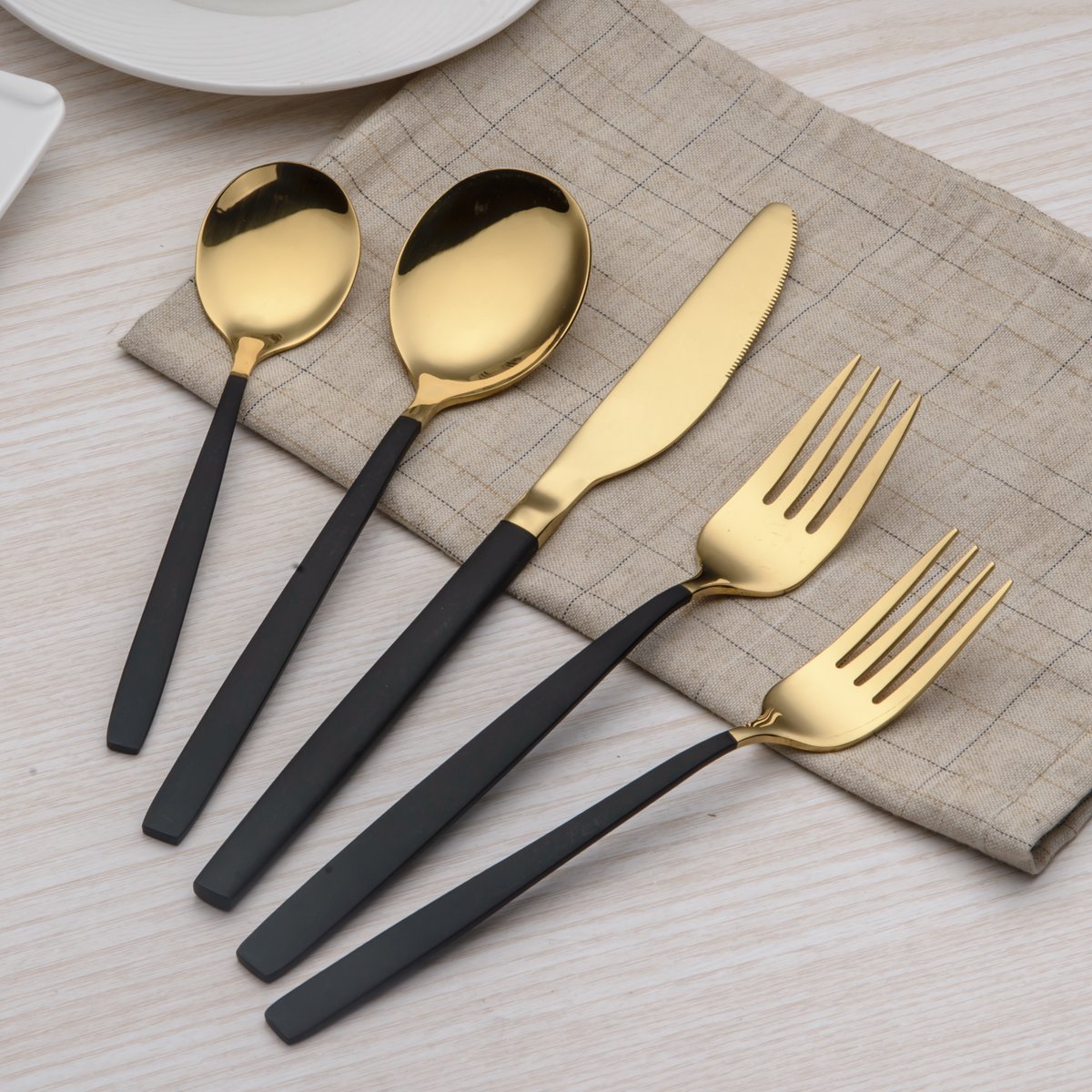 Berglander 20 Piece Titanium Black And Golden Plated Stainless Steel Flatware Set, Black Handle With Golden Mouth Silverware Set Black And Golden Cutlery Set Service for 4 (Shiny Black,Shiny Golden)