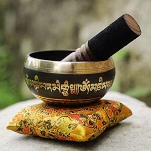 Tibetan Singing Bowl Set Bronze - Master Healing Grade - With Tibetan Thangka Art - Pure Tone By HIMALAYAN BAZAAR (Black & Yellow)