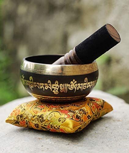 Tibetan Singing Bowl Set Bronze - Master Healing Grade - With Tibetan Thangka Art - Pure Tone By HIMALAYAN BAZAAR (Black & Yellow)