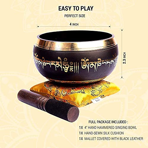 Tibetan Singing Bowl Set Bronze - Master Healing Grade - With Tibetan Thangka Art - Pure Tone By HIMALAYAN BAZAAR (Black & Yellow)