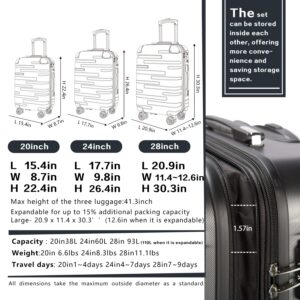 Coolife Luggage Expandable(only 28") Suitcase 3 Piece Set with TSA Lock Spinner 20in24in28in (reg grey)