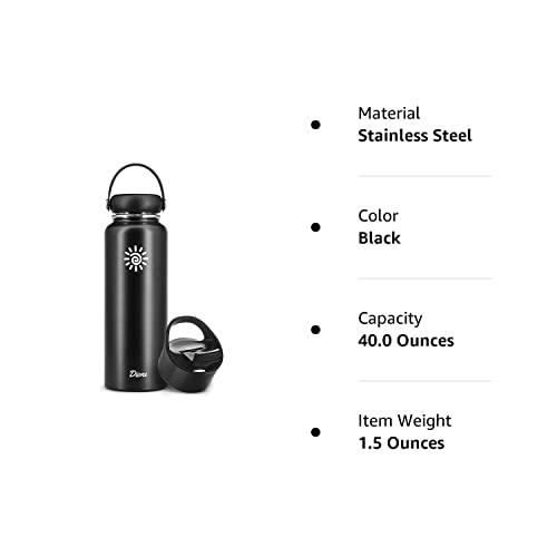 Dione Water Bottle 40 oz. Flask Double Wall Stainless Steel & Vacuum Insulated (Black) Sport Hydro Container (Standard Mouth/Leak Proof/BPA Free Cap), (MB000315)