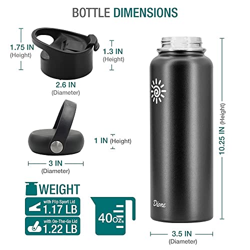 Dione Water Bottle 40 oz. Flask Double Wall Stainless Steel & Vacuum Insulated (Black) Sport Hydro Container (Standard Mouth/Leak Proof/BPA Free Cap), (MB000315)