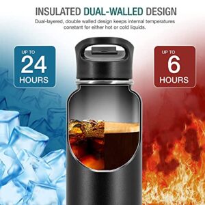 Dione Water Bottle 40 oz. Flask Double Wall Stainless Steel & Vacuum Insulated (Black) Sport Hydro Container (Standard Mouth/Leak Proof/BPA Free Cap), (MB000315)