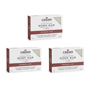 cremo bourbon & oak exfoliating body bars (3-pack) - a sophisticated blend of distiller’s spice, fine bourbon and white oak