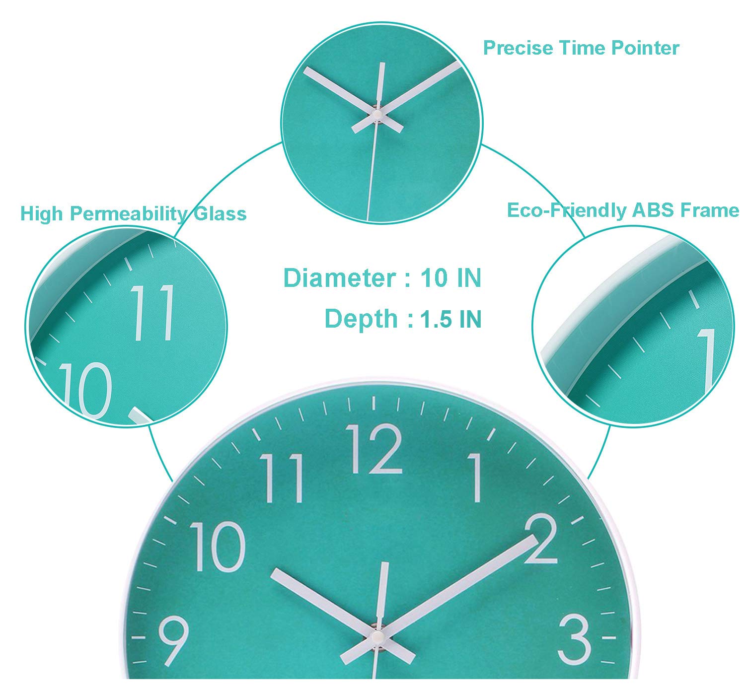 Epy Huts Modern Simple Wall Clock Indoor Non-Ticking Silent Sweep Movement Wall Clock for Office, Bathroom, Living room Decorative 10 Inch Teal