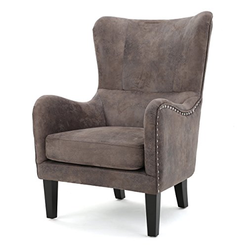 Christopher Knight Home Lorenzo Arm Chair Fabric Hi-Back Studded Chair, Greyish Brown 36D x 26.75W x 41.5H in