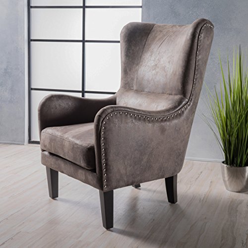 Christopher Knight Home Lorenzo Arm Chair Fabric Hi-Back Studded Chair, Greyish Brown 36D x 26.75W x 41.5H in