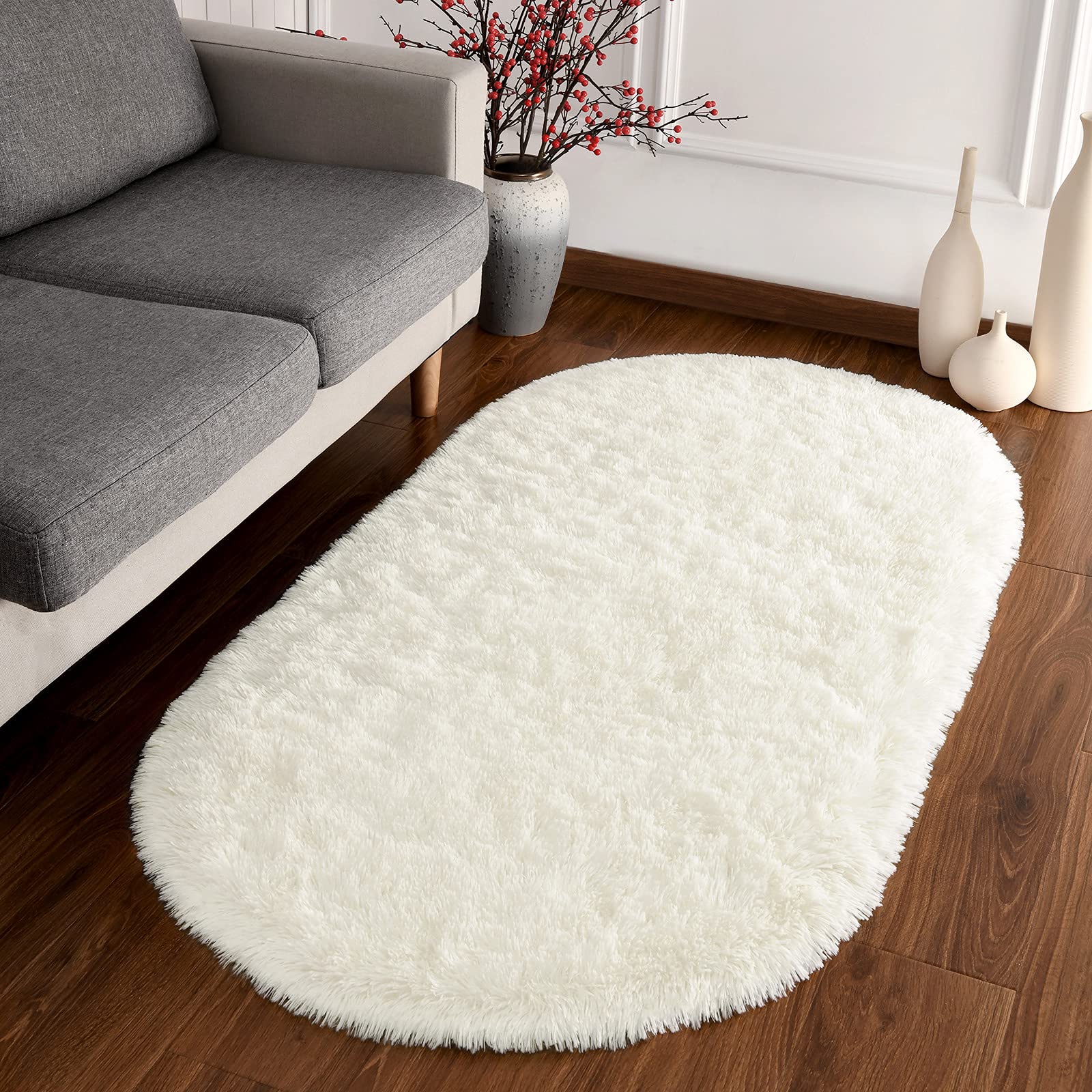 Softlife Fluffy Rugs for Bedroom, Shag Cute Area Rug for Girls/Boys and Kids Baby Room Home Decor, 2.6 x 5.3 Feet Oval Indoor Carpet for Nursery Dorm Living Room, Creamy