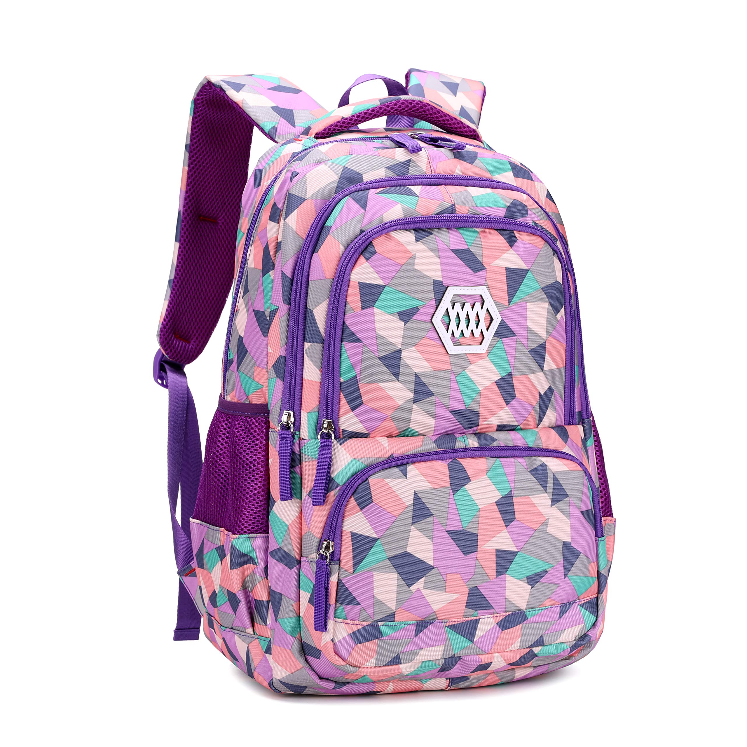 Bansusu Geometric-Print Purple-Backpack for Girls Middle-School Elementary Bookbags