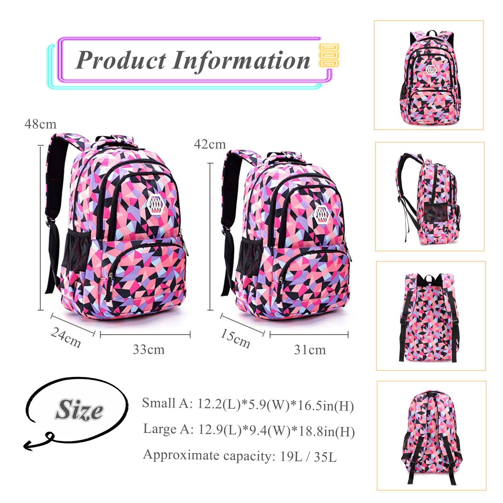 Bansusu Geometric-Print Purple-Backpack for Girls Middle-School Elementary Bookbags