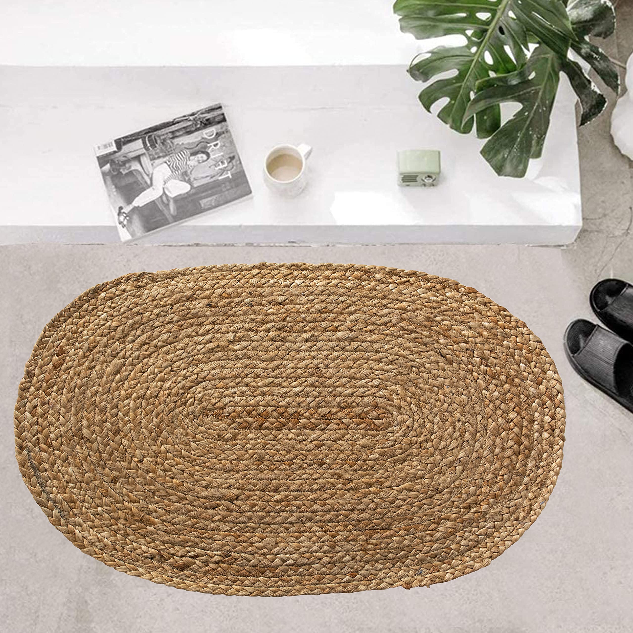 Chardin home Farmhouse Jute Braid Oval Rug | Perfect as Doormat| Great for Porch, Kitchen, Meditation mat, Study, dorms | 18x30 inch Small Artisanal Handcrafted mat