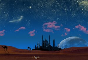 aofoto 10x7ft magic aladdin's genie lamp in desert backdrop mosque in night photography background fantasy starry sky camel wish mysterious fairy tale photo studio props vinyl