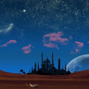 AOFOTO 10x7ft Magic Aladdin's Genie Lamp in Desert Backdrop Mosque in Night Photography Background Fantasy Starry Sky Camel Wish Mysterious Fairy Tale Photo Studio Props Vinyl