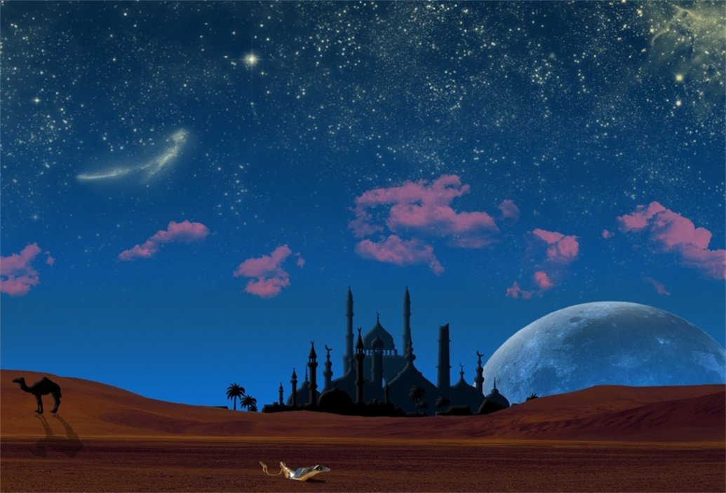 AOFOTO 10x7ft Magic Aladdin's Genie Lamp in Desert Backdrop Mosque in Night Photography Background Fantasy Starry Sky Camel Wish Mysterious Fairy Tale Photo Studio Props Vinyl