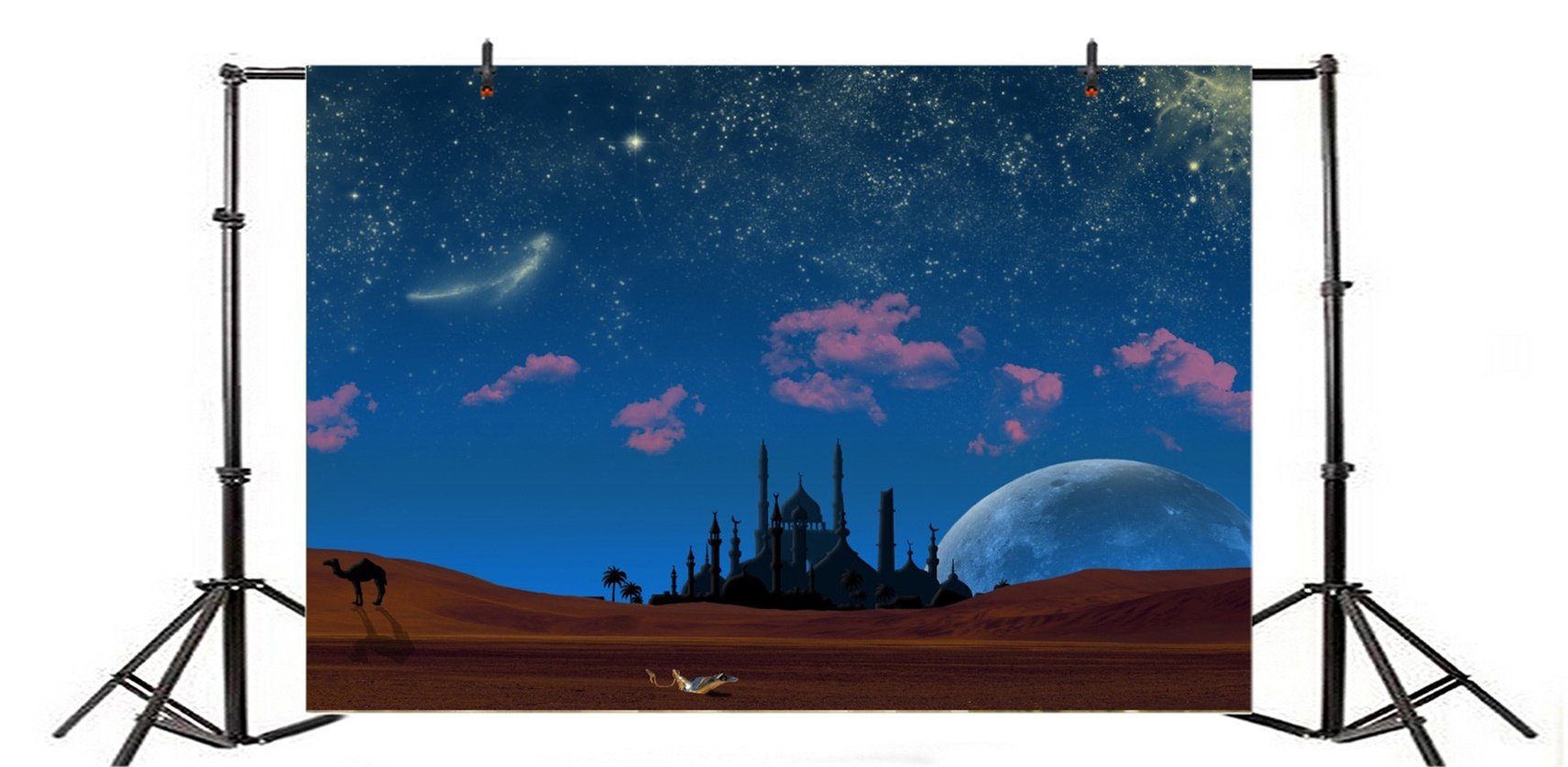 AOFOTO 10x7ft Magic Aladdin's Genie Lamp in Desert Backdrop Mosque in Night Photography Background Fantasy Starry Sky Camel Wish Mysterious Fairy Tale Photo Studio Props Vinyl