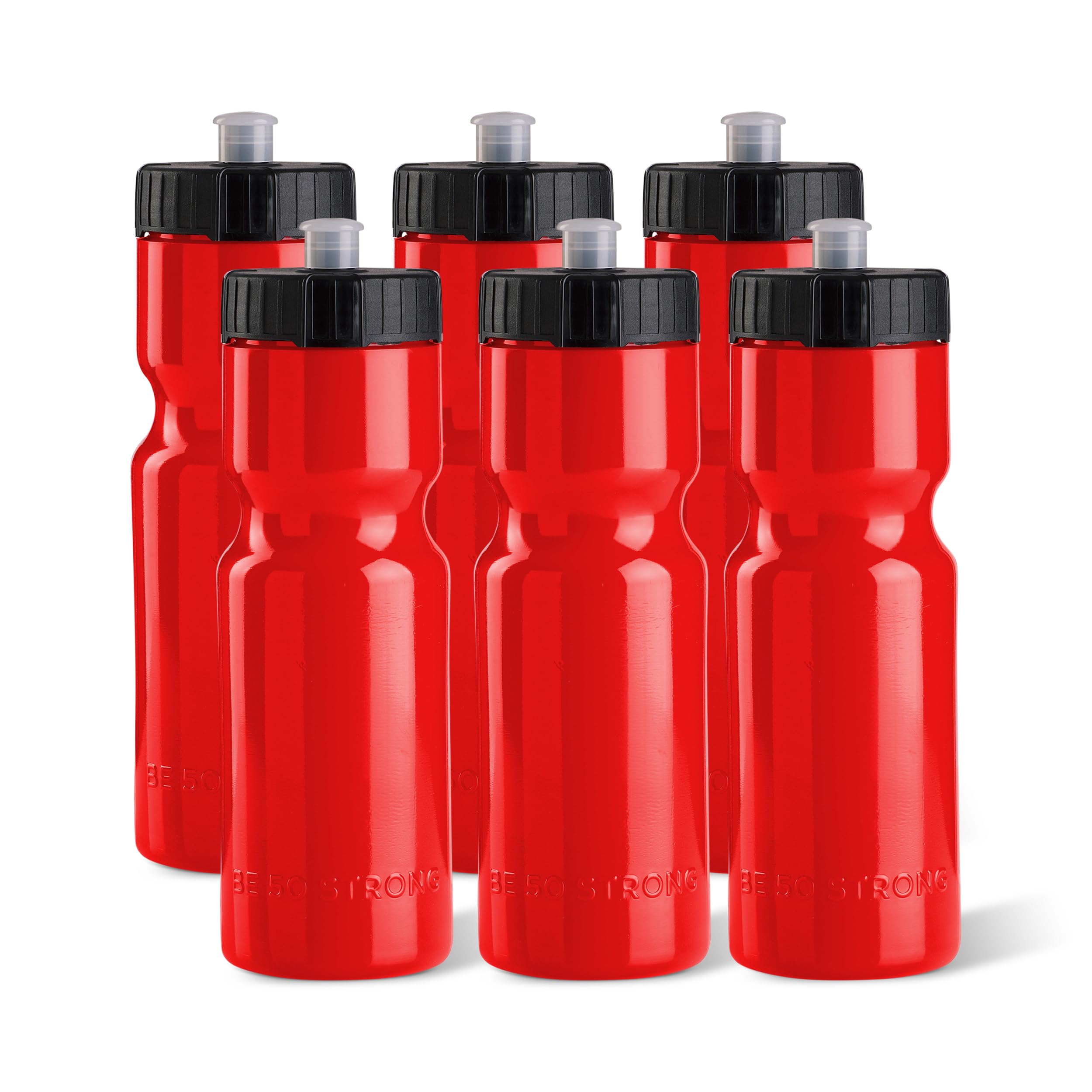 50 Strong Sports Squeeze Water Bottle 6 Pack – 22 oz. BPA Free Easy Open Push/Pull Cap – USA Made (Red)